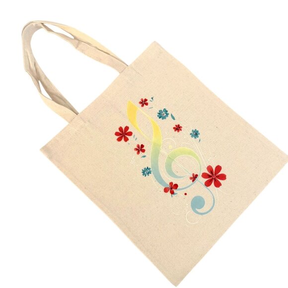 Music Note Floral Canvas Tote Bag Eco Friendly Reusable Shopping Bag Long Handle - Picture 7 of 7